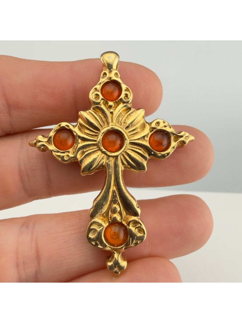 Vintage Cross Pendant Gold Tone Glass Cabochons Ornate Floral Design Religious